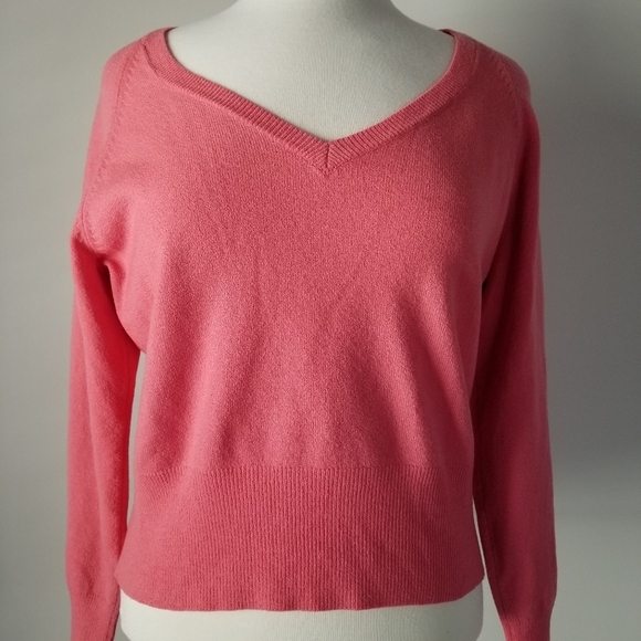Banana Republic Fine Italian Merino Wool Coral Pink V Neck Sweater Sz L Stretch - Picture 5 of 9